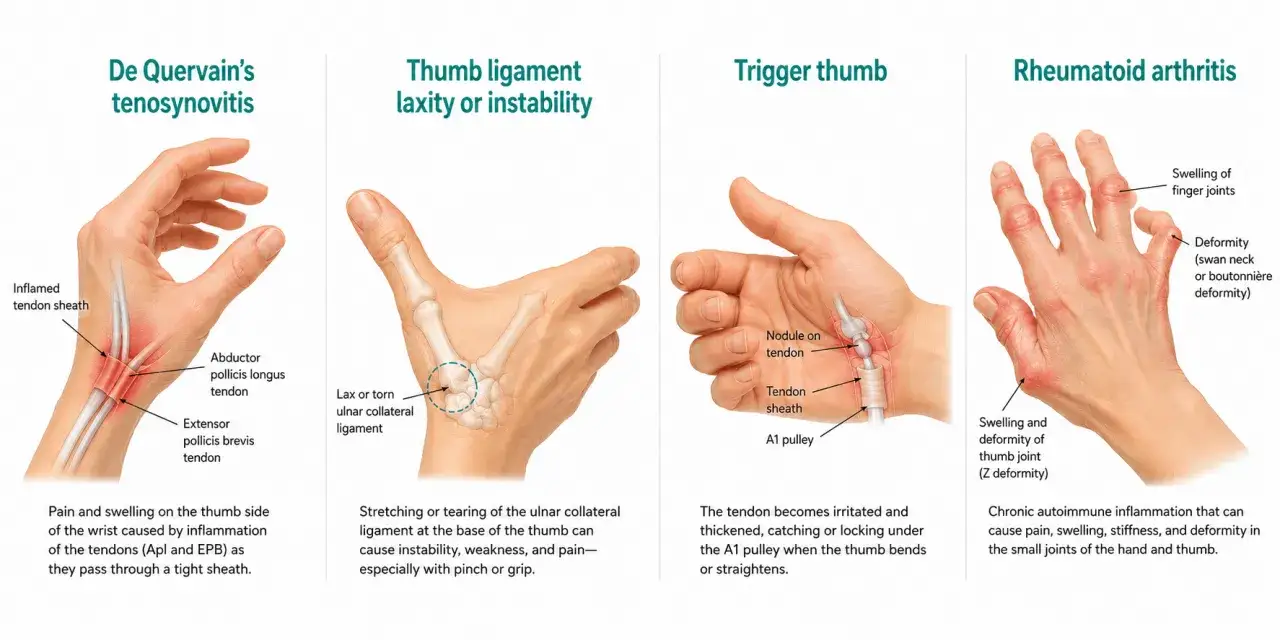 Illustrationen zeigen Ursachen für Schmerzen im Daumengelenk: Sehnenscheidenentzündung, Bandinstabilität, Schnappfinger und rheumatoide Arthritis.