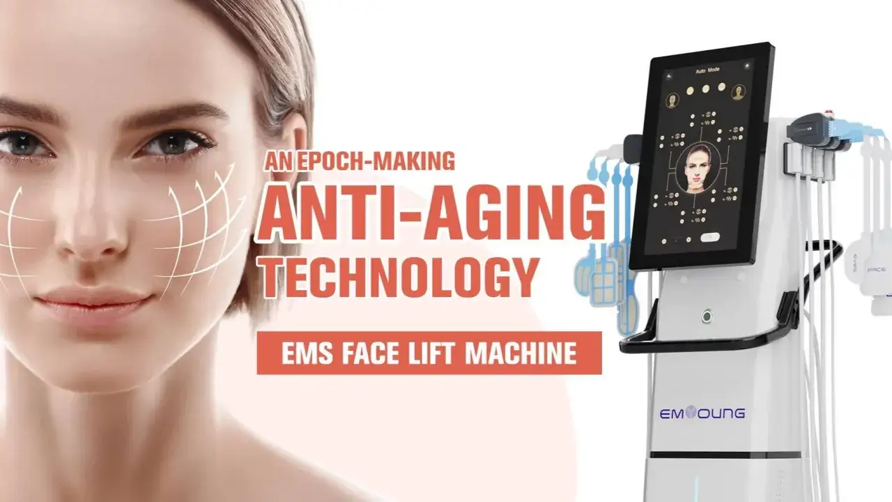Kobieta z siatką na twarzy obok maszyny EMS. Dowiedz się, hifu co to za technologia anti-aging.