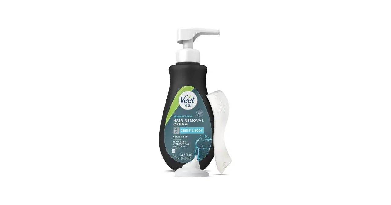 Crema depilatoria Veet Men para depilarse el pecho y el cuerpo. Incluye esp&aacute;tula.