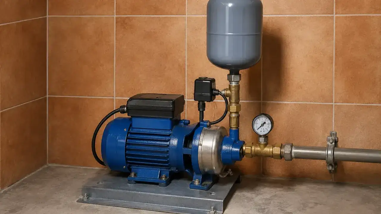 Bomba azul con tanque y man&oacute;metro, asegurando la correcta **presi&oacute;n de agua en casa**.