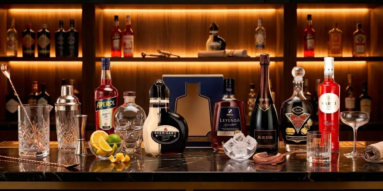 En bar med flaskor av sprit, champagne och likörer. Här finns allt för att blanda goda vodka drinkar, som Aperol, Sheridan's och Krug.