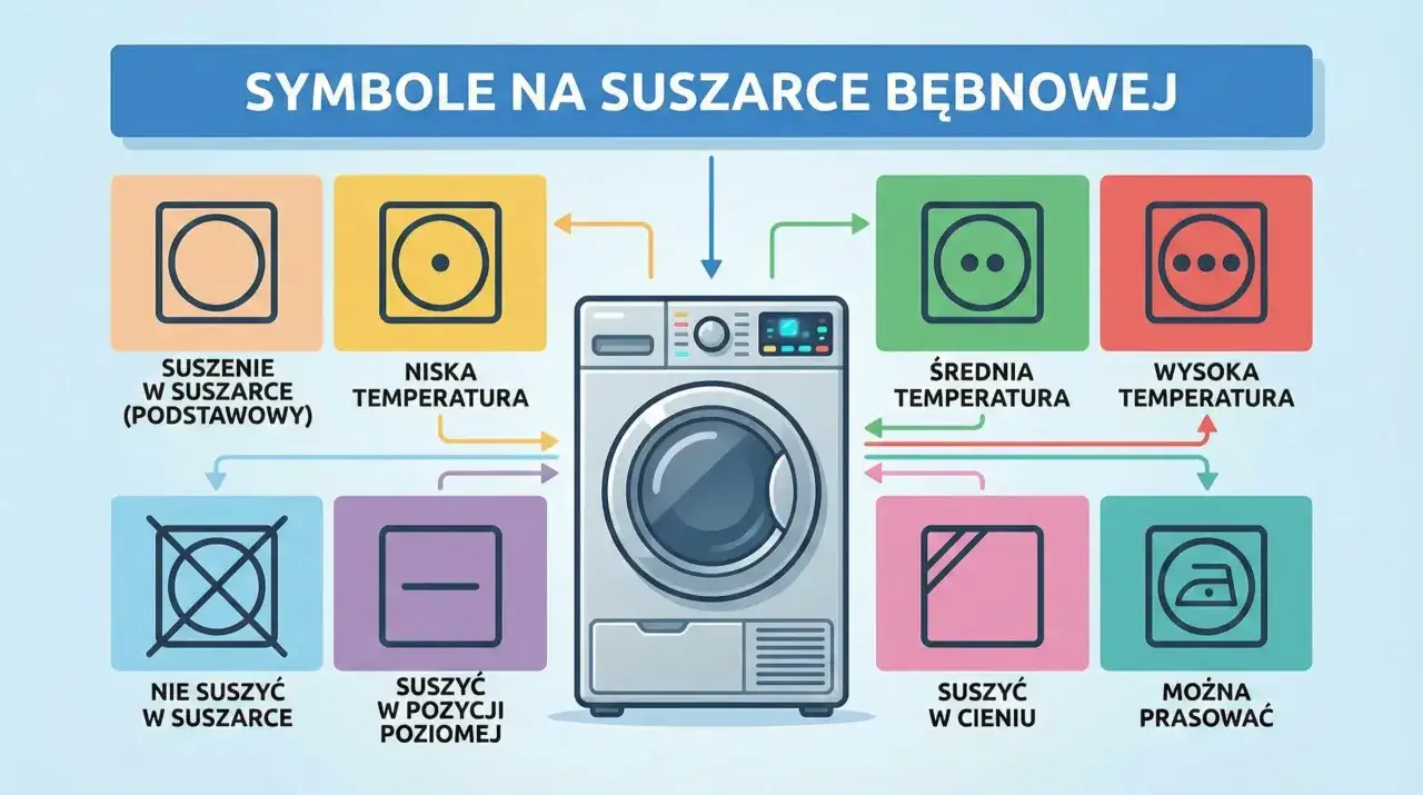 Ilustracja wyjaśnia symbole na suszarce bębnowej: suszenie, temperatury (niska, średnia, wysoka), zakaz suszenia, suszenie poziome, suszenie w cieniu i możliwość prasowania.