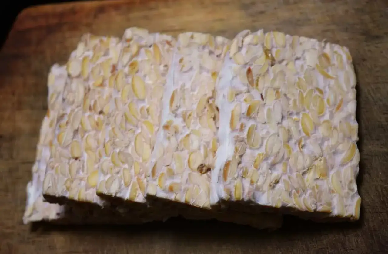 Plasterki tempeh, czyli fermentowanej soi, gotowe do przygotowania. To świetny zamiennik mięsa, jeśli zastanawiasz się tempeh co to.