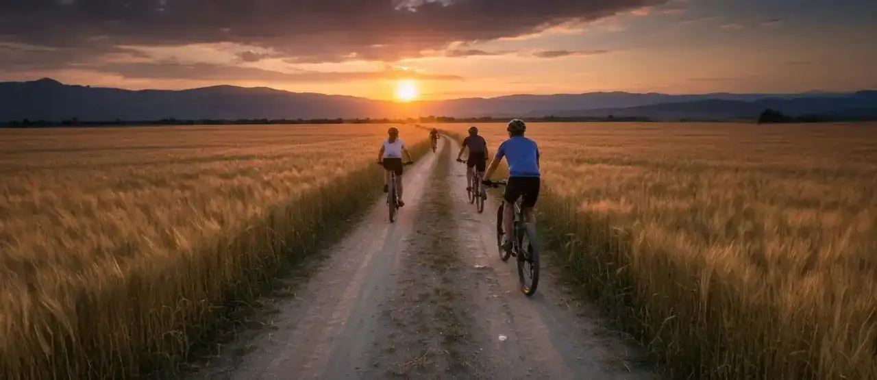 Ciclistas pedalean por un camino de tierra a trav&eacute;s de un campo de trigo dorado al atardecer. El camino sanabres en bici ofrece vistas espectaculares.