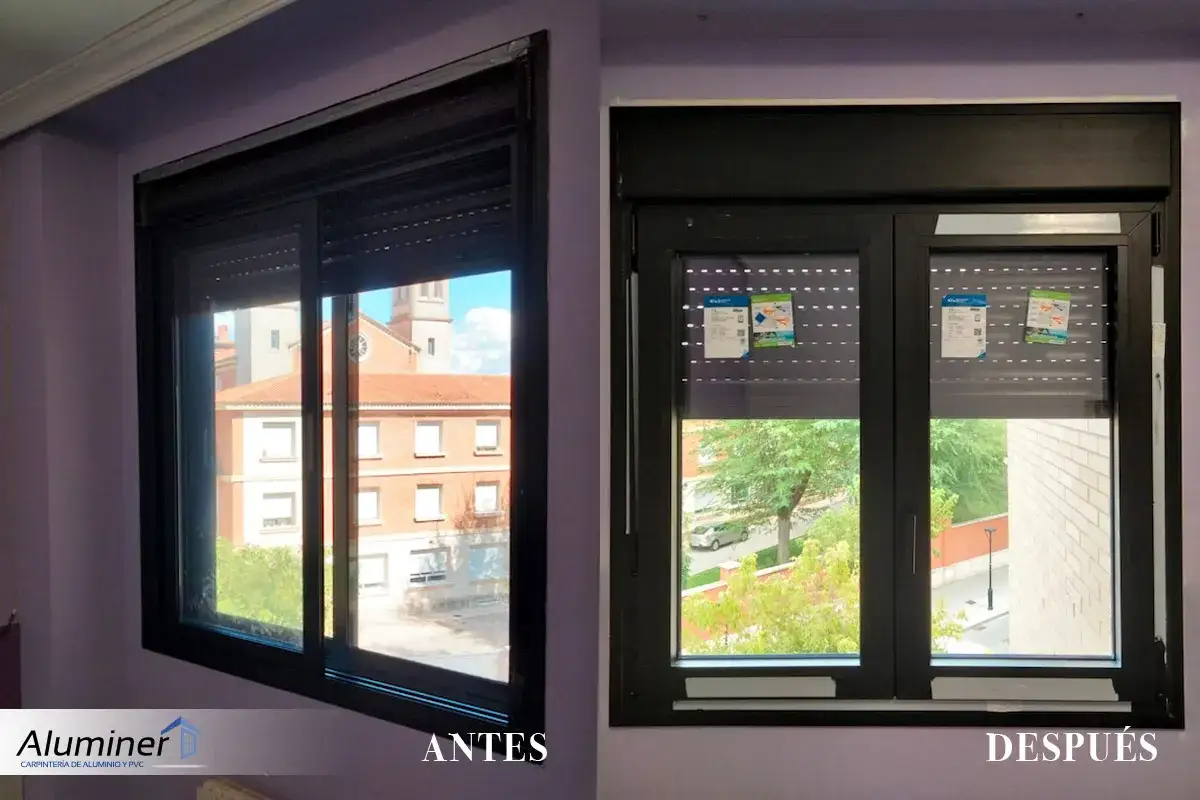 Ventana de aluminio antes y después de pintar. El aluminio pintado luce renovado y moderno.