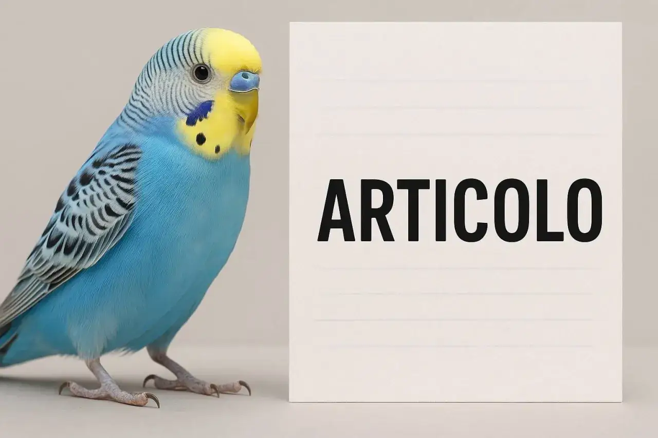 Articolo su come muore una cocorita. Un uccellino azzurro e giallo, con un'espressione pensierosa, accanto a un foglio con la parola