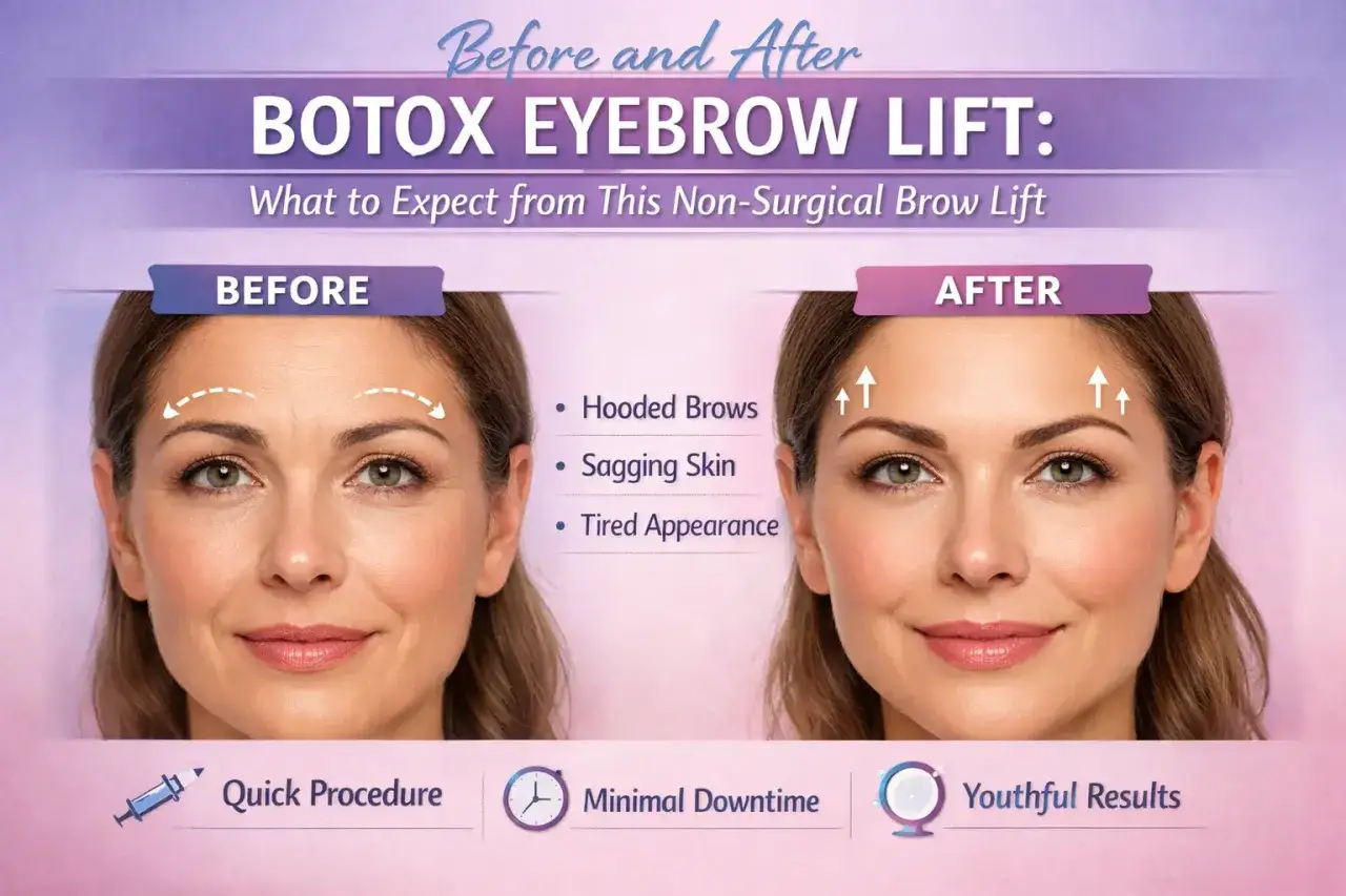 Przed i po zabiegu BOTOX EYEBROW LIFT. Zdjęcie pokazuje efekt direct brow lift, redukcję opadających powiek i zmarszczek, nadając twarzy młodszy wygląd.
