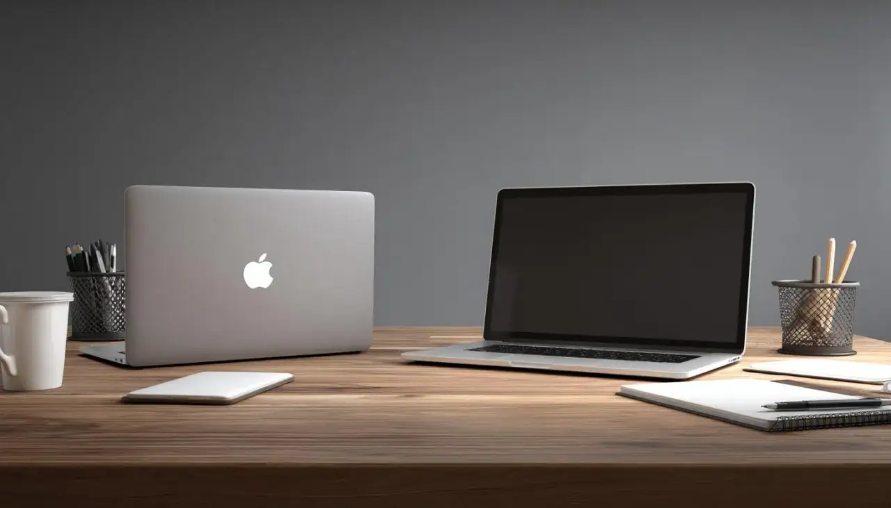 Zwei MacBooks auf einem Holztisch, die den **MacBook Air und Pro Unterschied** verdeutlichen. Daneben ein Tablet, Tasse und Stifte.