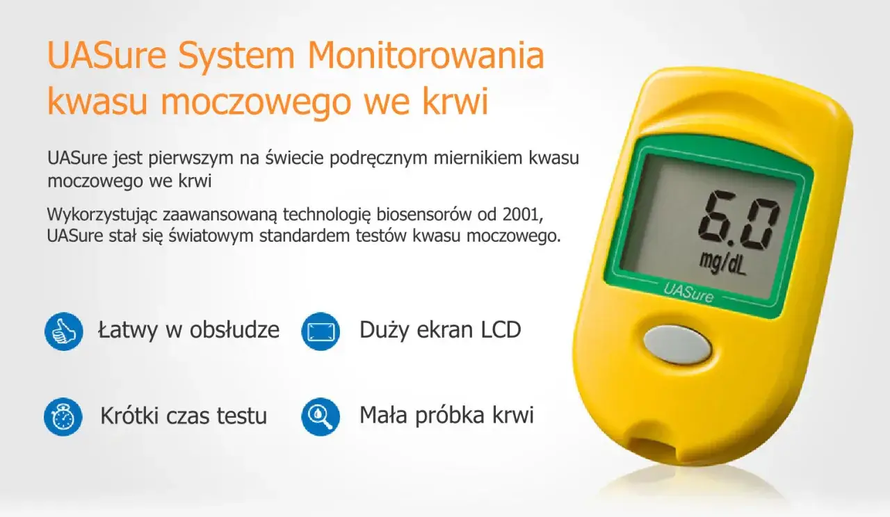 Ż&oacute;łty miernik UASure pokazuje wynik 6.0 mg/dL, informując o poziomie kwasu moczowego. Idealny do monitorowania kwasu moczowego w domu.