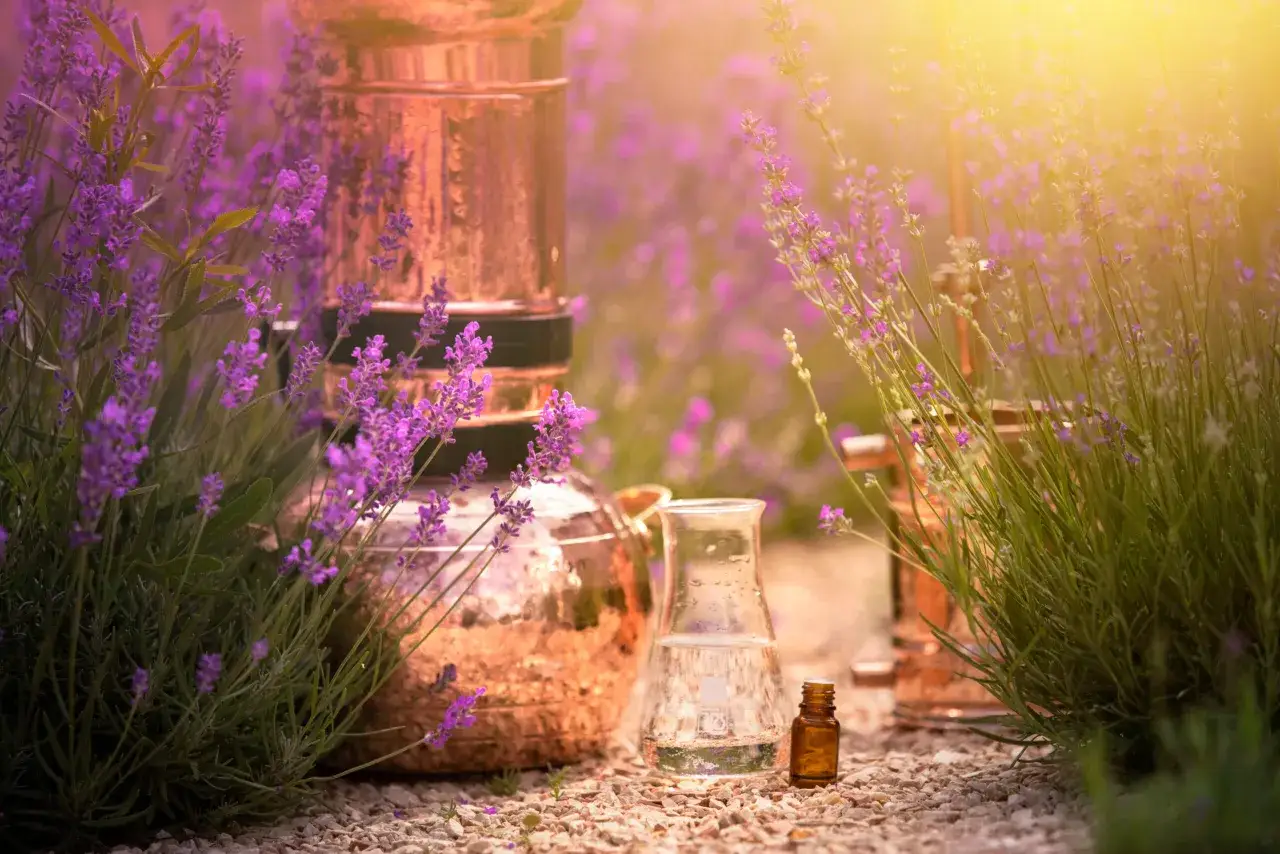 Distillazione di lavanda in un campo fiorito: un alambicco di rame, un becher con liquido limpido e una piccola bottiglia ambrata, per capire cos'&egrave; un idrolato.