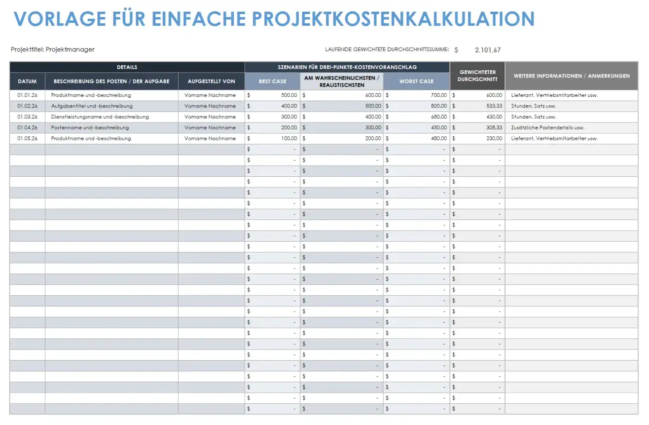Vorlage zur Projektkalkulation: Hier k&ouml;nnen Sie die selbstkosten berechnen, indem Sie verschiedene Szenarien f&uuml;r Kostenabsch&auml;tzungen eintragen.