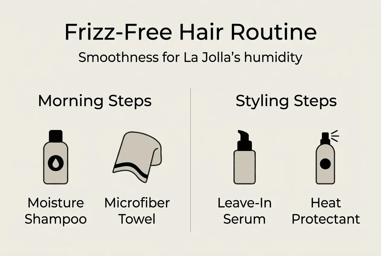 Rutina para como quitar el frizz del pelo: shampoo hidratante, toalla de microfibra, serum sin enjuague y protector térmico.
