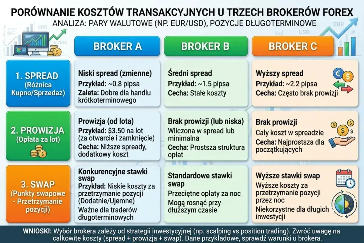 Por&oacute;wnanie koszt&oacute;w u broker&oacute;w: spread, prowizja i swapy. Dowiedz się, czym są swapy i jak wpływają na handel długoterminowy.