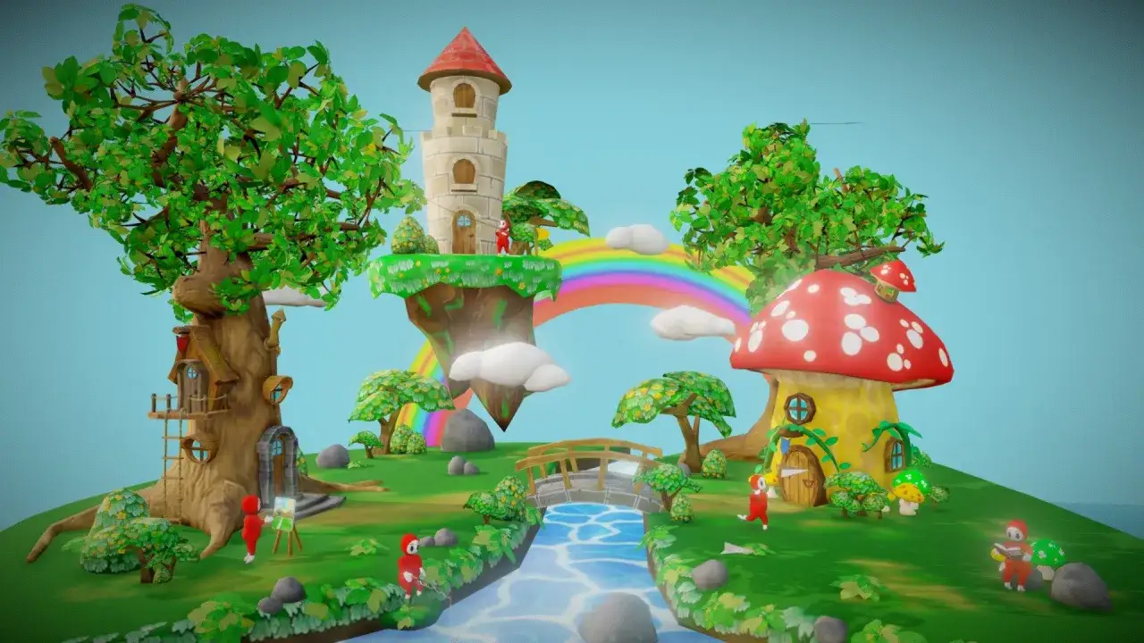 Bajkowa kraina w stylu low poly: latająca wyspa z wieżą, domki w kształcie grzyb&oacute;w, drzewa, tęcza i postacie.
