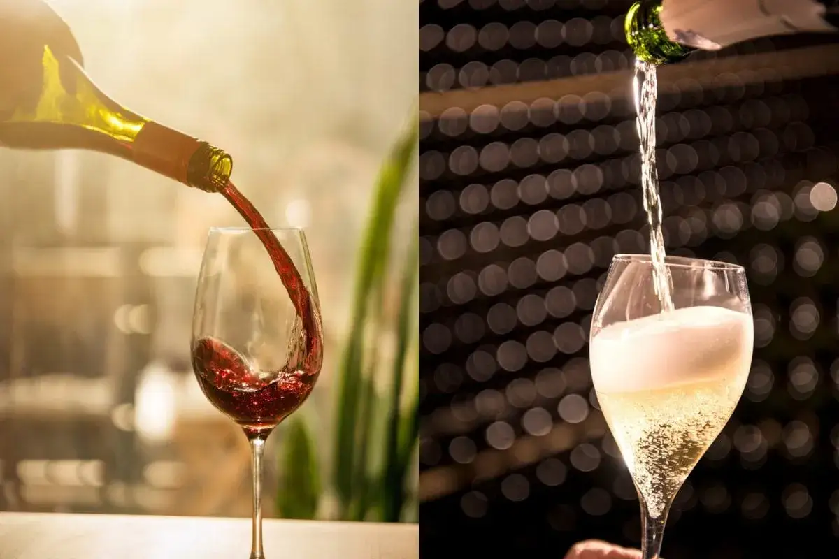 Vino rosso versato in un calice, a sinistra; vino bianco frizzante versato in un altro calice, a destra. Il vino fermo, a differenza di quello frizzante, non presenta bollicine.