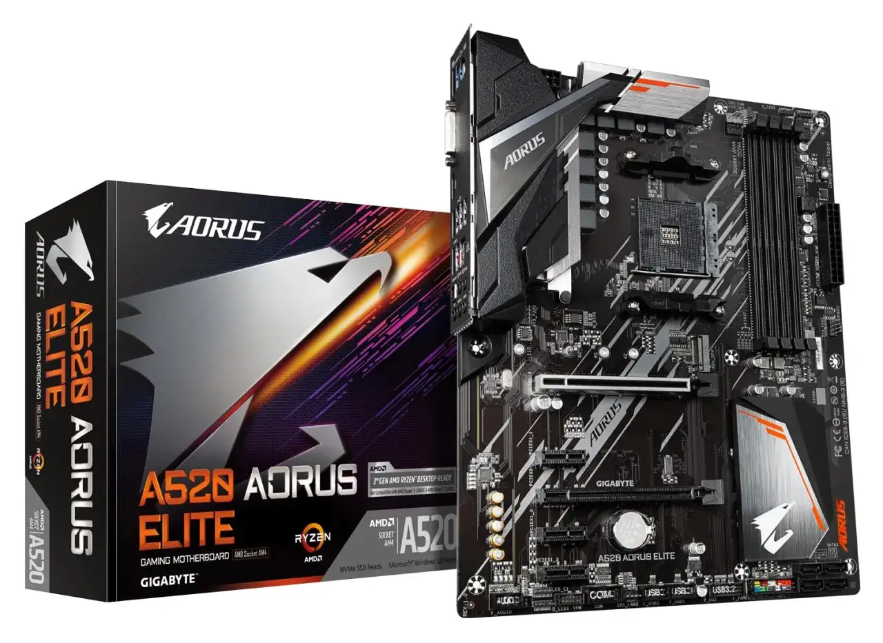 Placa base A520 AORUS ELITE con socket AM4, lista para gaming. Caja y componente en primer plano.