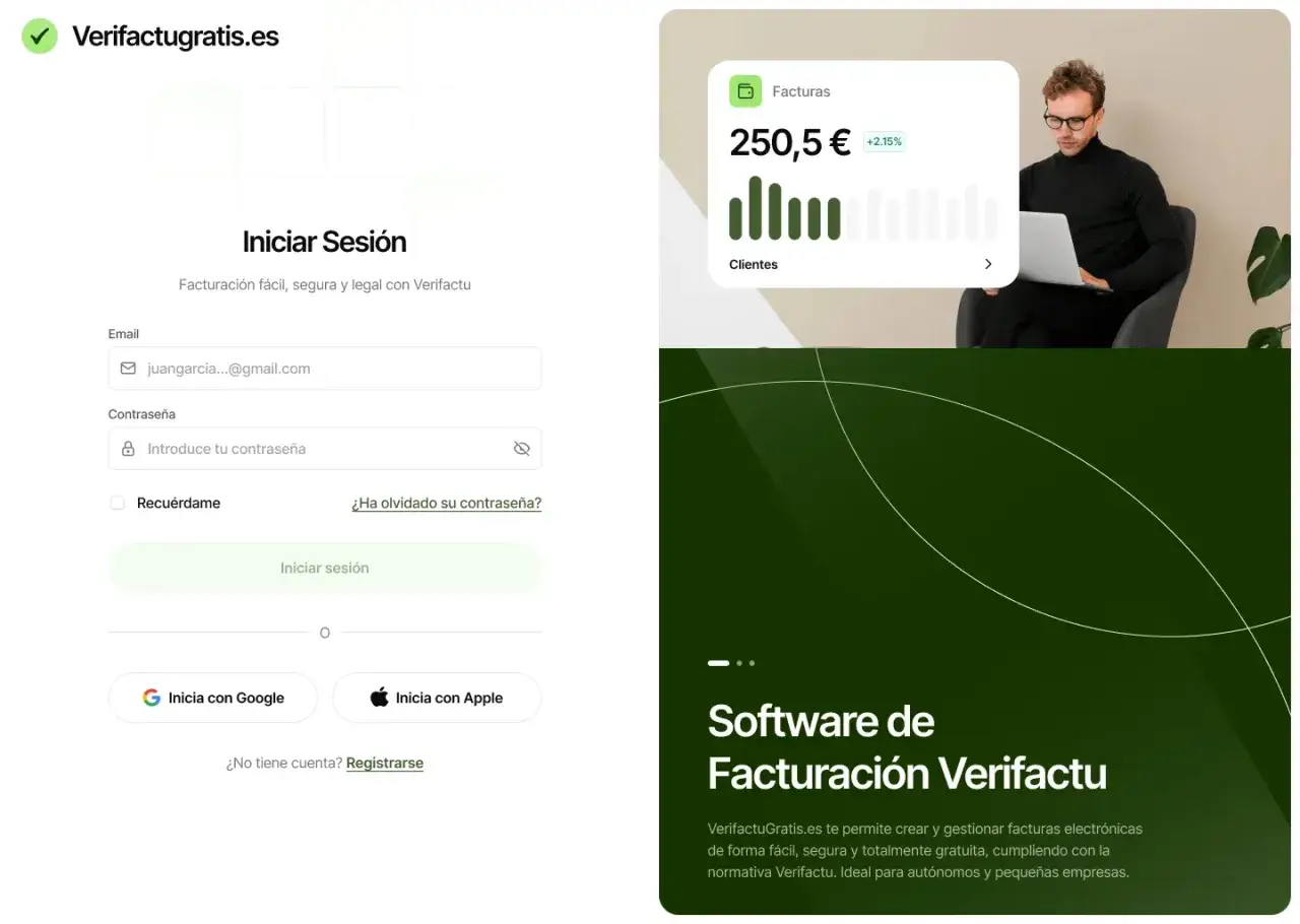 Interfaz de inicio de sesi&oacute;n para el programa facturacion gratuito VerifactuGratis.es.