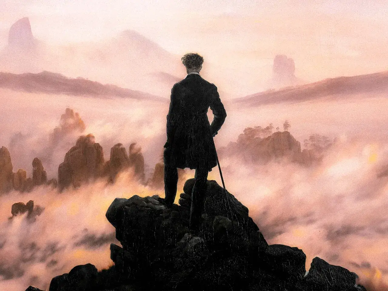The wanderer painting depicts a lone figure in a dark coat standing on a rocky precipice, gazing out at a misty, mountainous landscape at dawn.
