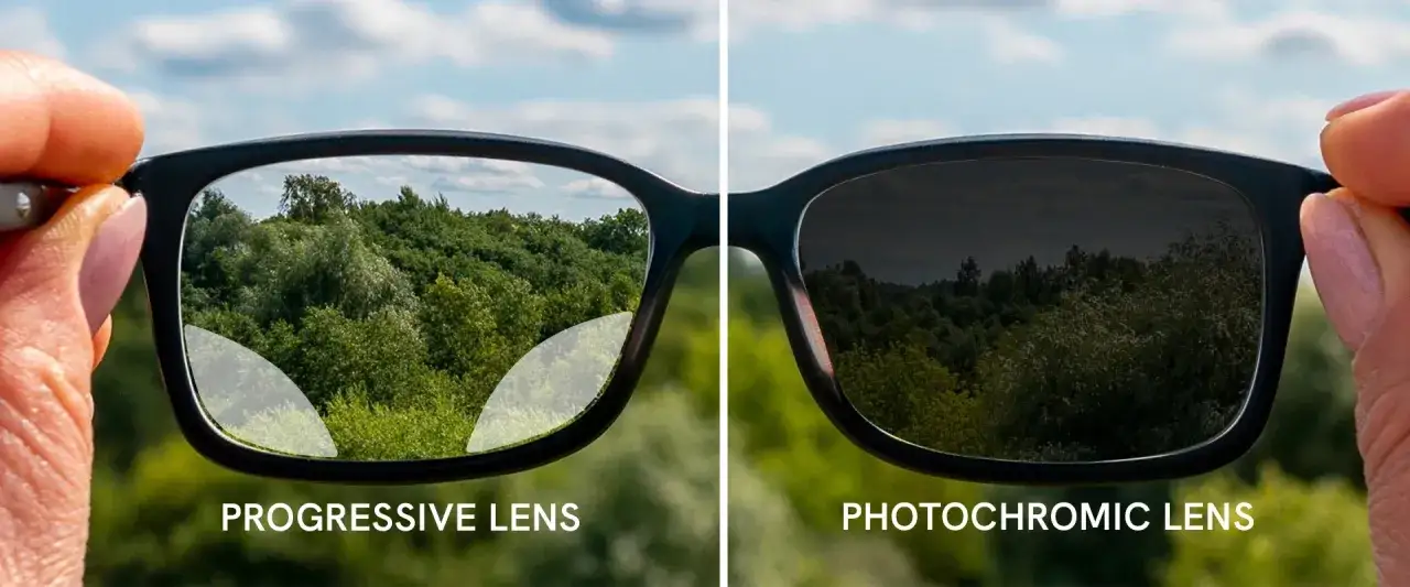 Porównanie soczewek progresywnych i fotochromowych. Czy warto zainwestować w fotochromy? Widok lasu przez okulary.