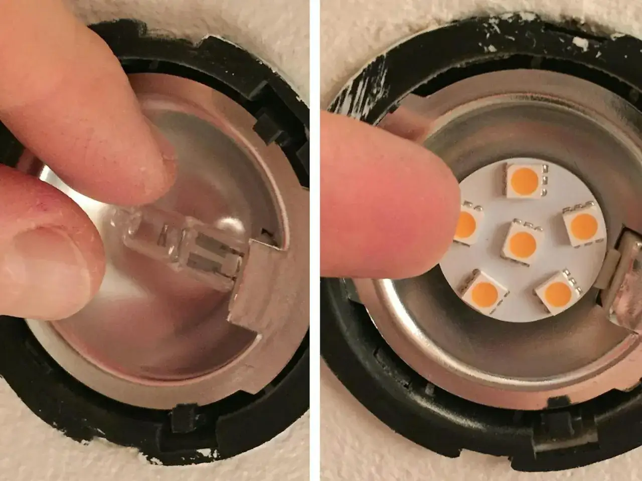Byta halogen till led: en hand h&aring;ller en halogenlampa i en armatur, bredvid en annan armatur med en ny led-modul.