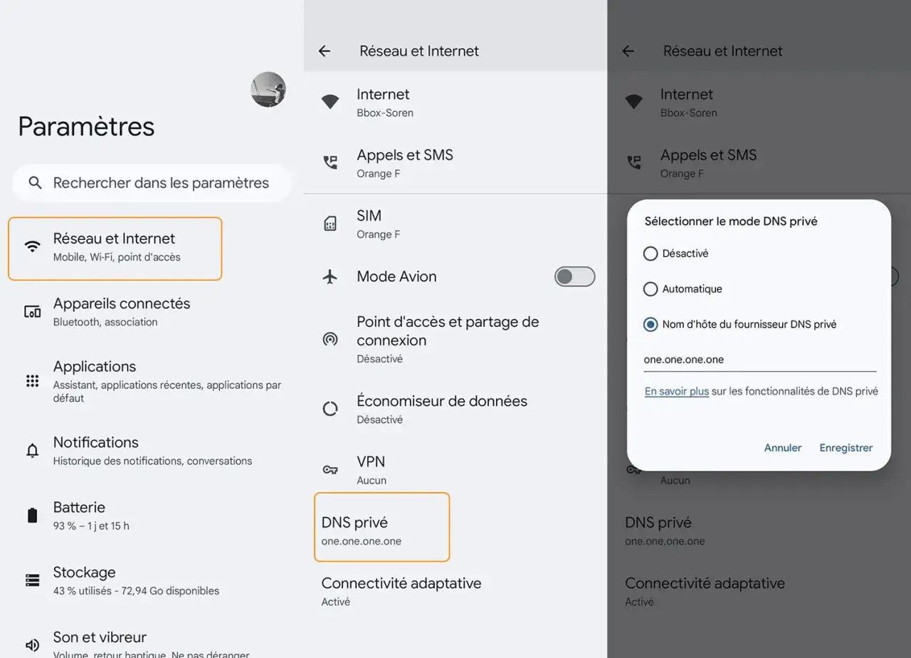 Paramètres Android : sélection du DNS privé avec l'option