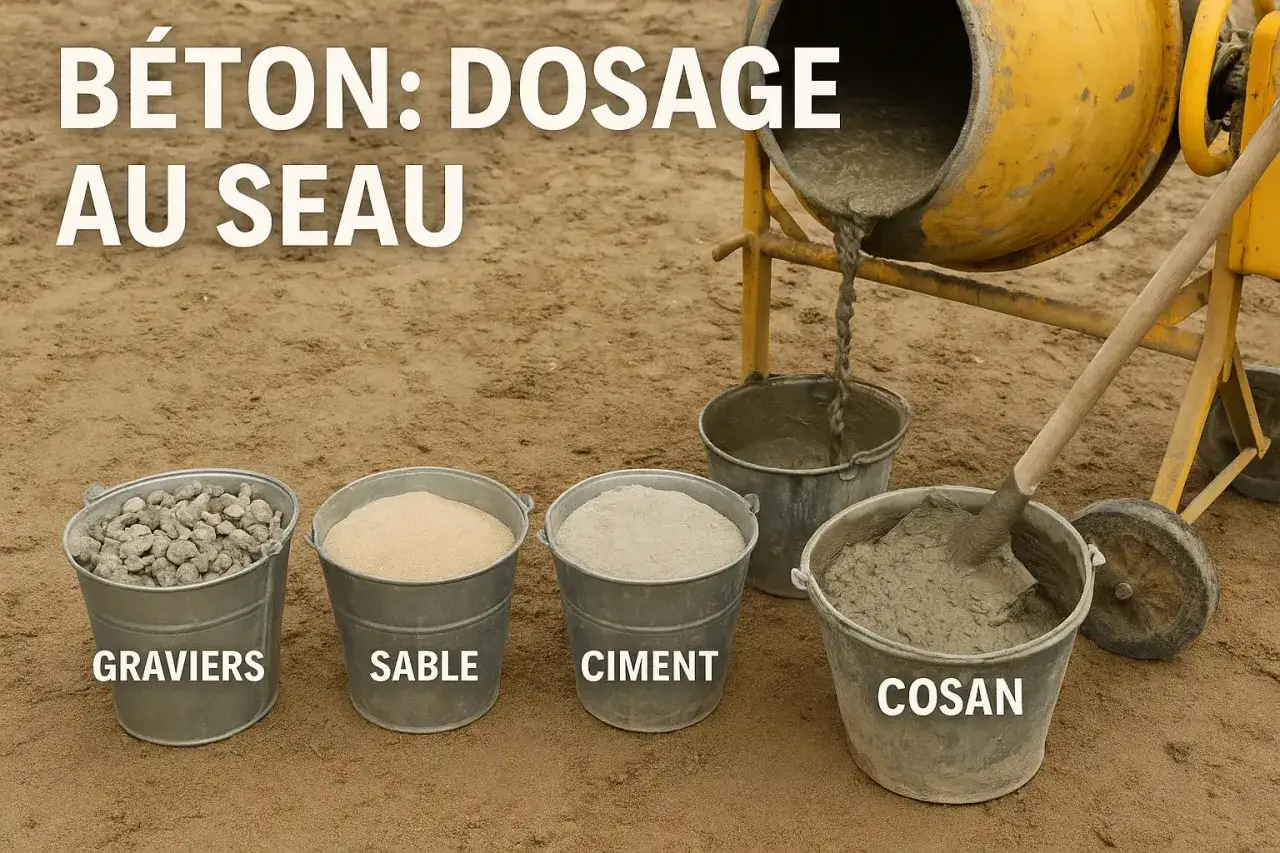 Béton : dosage au seau. Des seaux de graviers, sable, ciment et béton frais sont alignés devant une bétonnière.