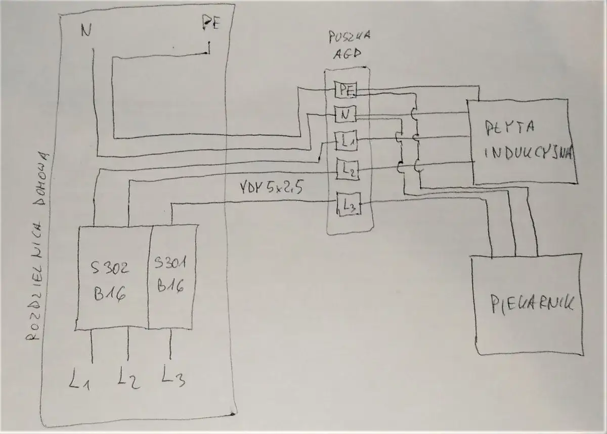 Schemat instalacji elektrycznej pokazuje, że płyta indukcyjna potrzebuje siły z rozdzielnicy domowej przez puszkę AGD.