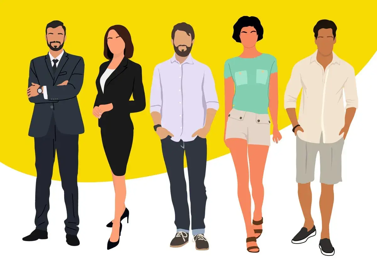 Cinco personas con diferentes atuendos, desde formal hasta estilo business casual, posan sobre un fondo amarillo.