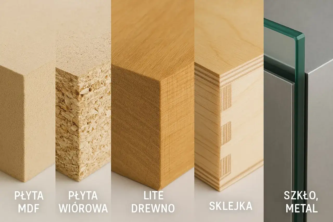 Przegląd rodzaj&oacute;w płyt drewnianych: MDF, wi&oacute;rowa, lite drewno, sklejka, a także szkło i metal.