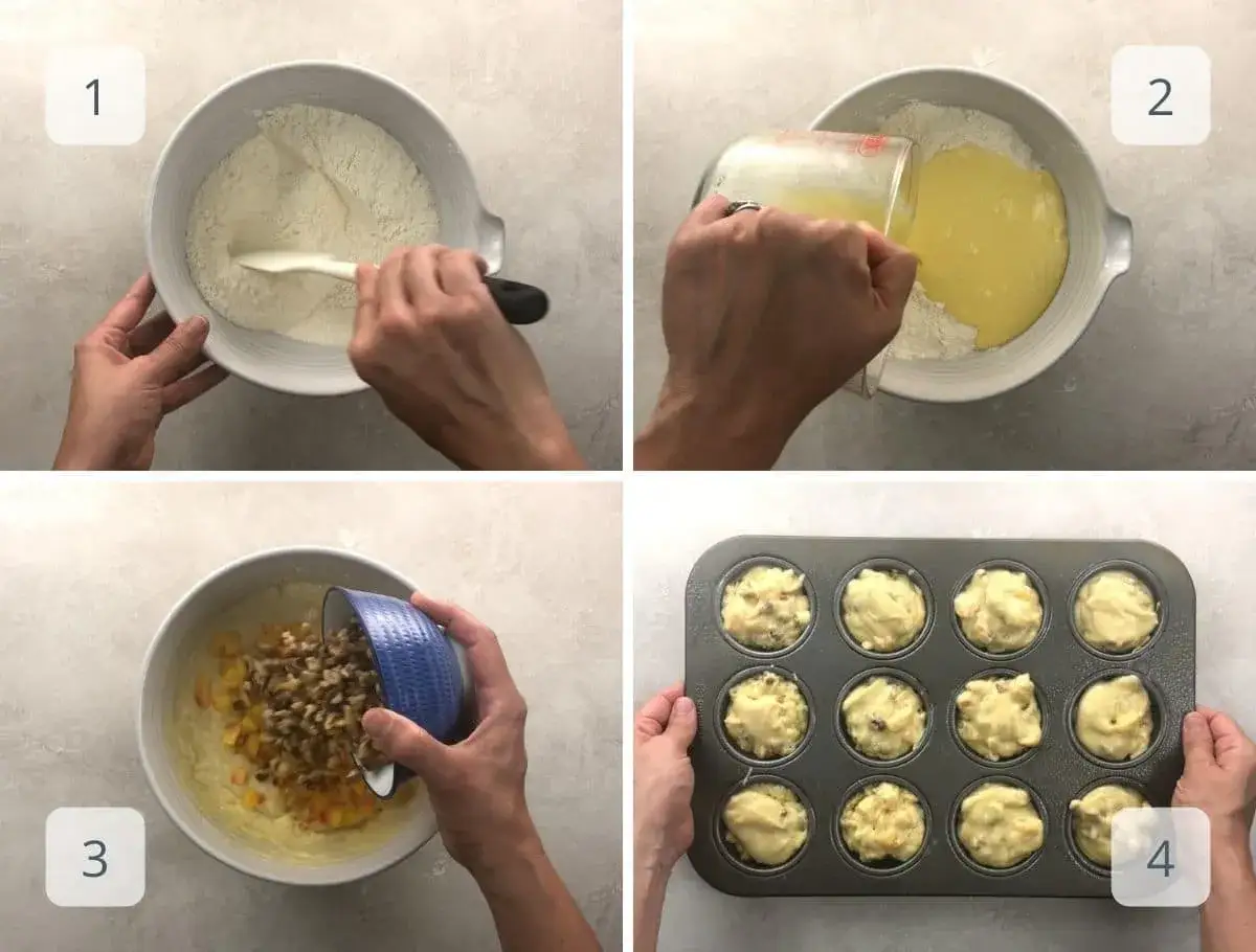Schritt-f&uuml;r-Schritt-Anleitung f&uuml;r ein leckeres Muffins Rezept: trockene Zutaten mischen, fl&uuml;ssige hinzuf&uuml;gen, Fr&uuml;chte und N&uuml;sse unterheben, Teig in die Form f&uuml;llen.