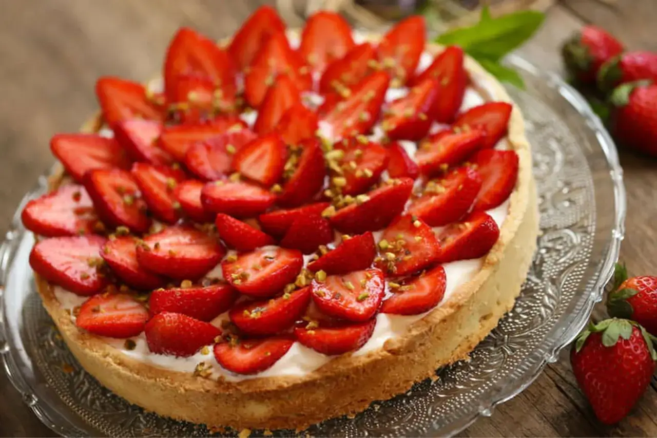 Tarte aux fraises sur pâte brisée, garnie de crème et de fruits rouges frais, parsemée de pistaches concassées. Un délice estival.