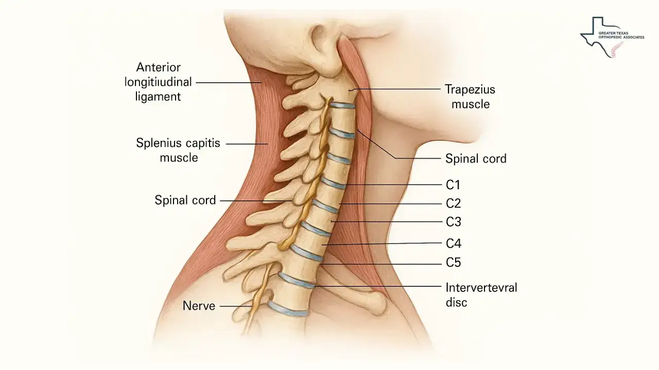Anatomia kręgosłupa szyjnego z zaznaczonym rdzeniem kręgowym i nerwami. Ilustracja pokazuje, jak problemy z krążkiem międzykręgowym mogą powodować piekący ból kręgosłupa szyjnego.
