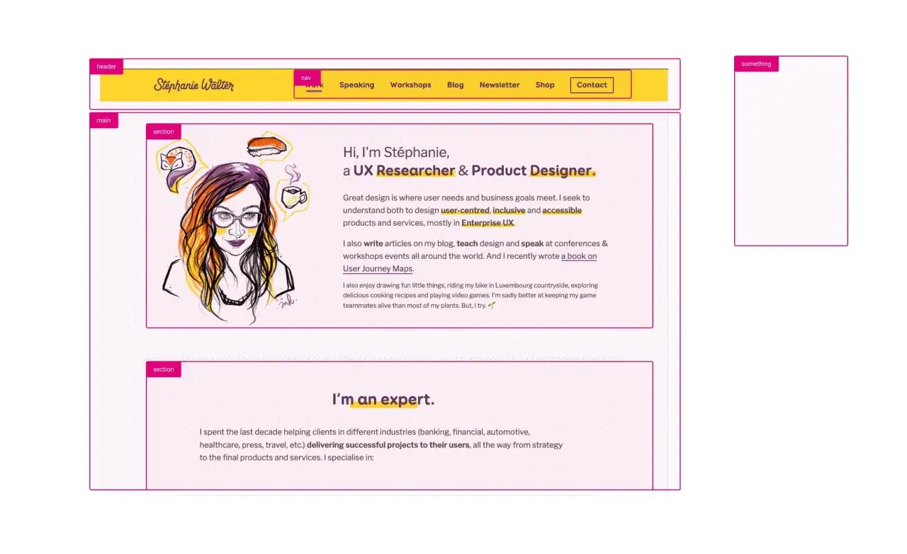Ilustracja przedstawia kobietę z okularami, kt&oacute;ra myśli o lisku, sushi i kawie. To tekst alternatywny dla UX Researcher.