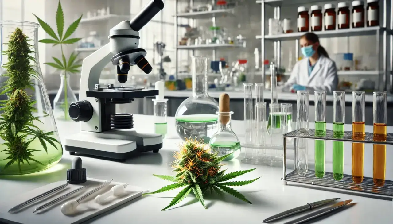 W laboratorium naukowcy badają, czy olejek CBD uzależnia. Na stole konopie, mikroskop i prob&oacute;wki z płynami.