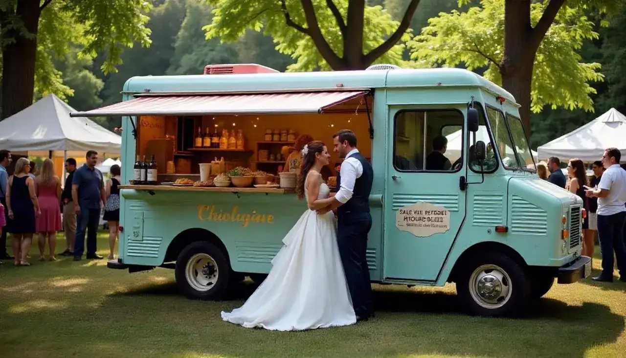 Un couple de mariés devant un food truck bleu pastel, une idée food truck mariage originale pour un jour unique.
