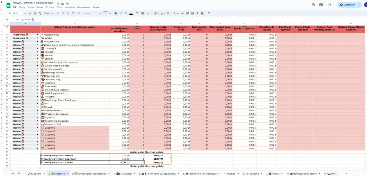 Arkusz kalkulacyjny Excel do planowania budżetu weselnego. Pokazuje, jak zaplanować budżet weselny w Excelu i jak trzymać się założonych kwot, z listą wydatków i kolumnami na koszty.