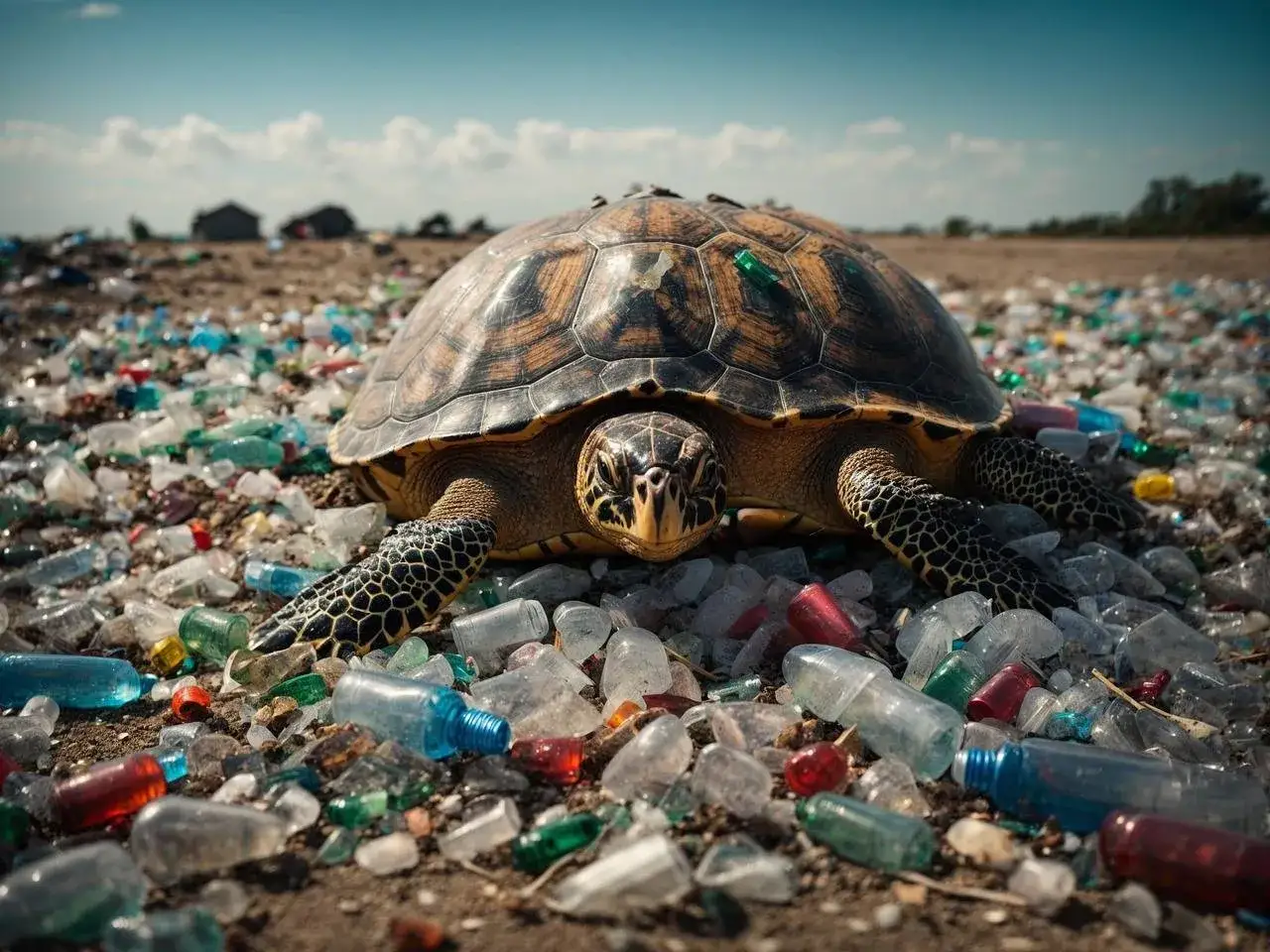 Ż&oacute;łw na plaży zasypanej plastikowymi butelkami. Pokazuje, jak dbać o środowisko, sprzątając śmieci.