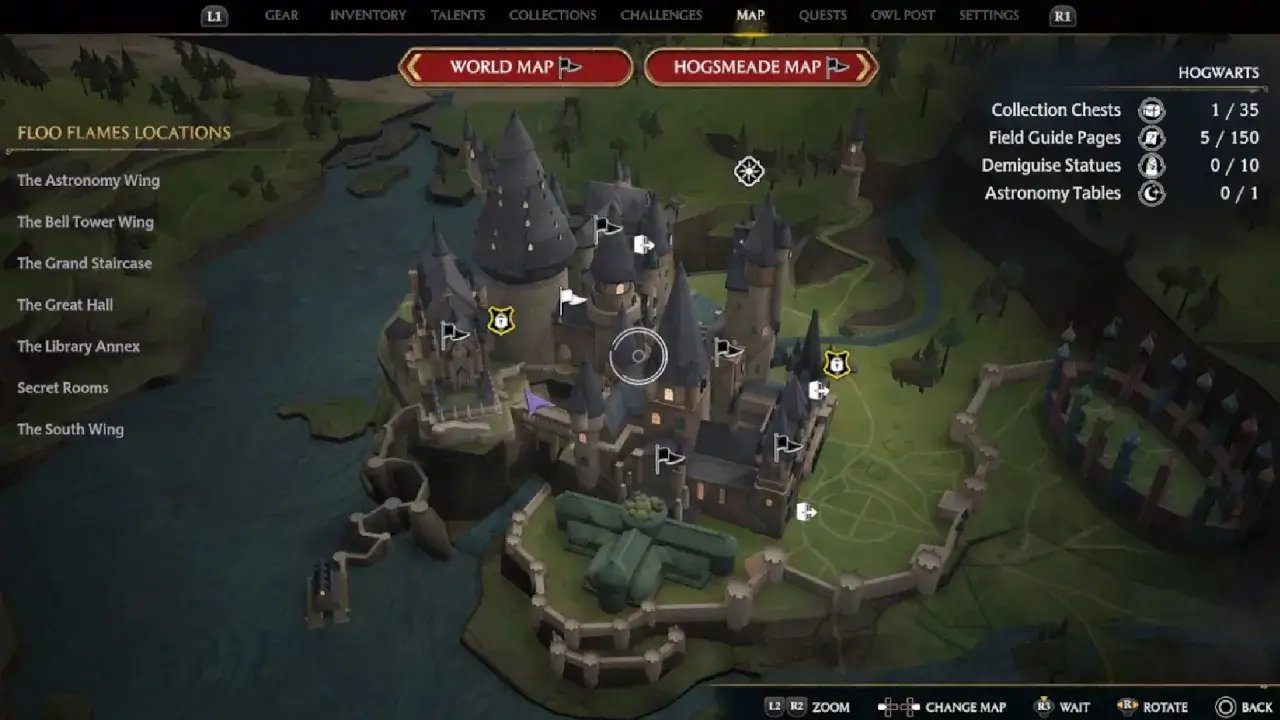 Mapa Hogwart z zaznaczonymi lokacjami Floo Flames i postępami w grze. Idealna do planowania kolejnych misji w Hogwarts Legacy.