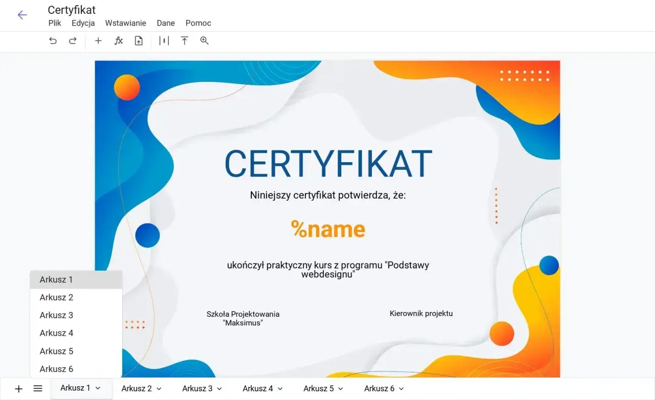 Program do tworzenia dyplomów pozwala na łatwe projektowanie certyfikatów, jak ten potwierdzający ukończenie kursu webdesignu.