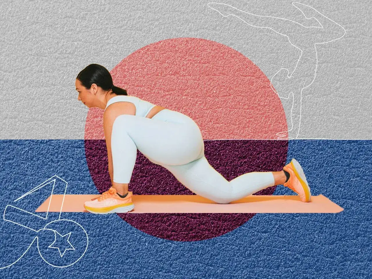 Femme en tenue de sport effectuant un &eacute;tirement pour la mobilisation articulaire. Une silhouette stylis&eacute;e de gymnaste est dessin&eacute;e en arri&egrave;re-plan.