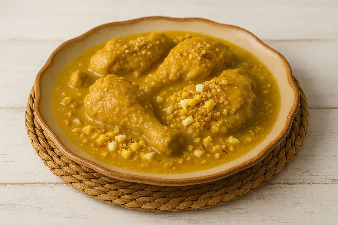 Pollo en pepitoria, un plato tradicional espa&ntilde;ol, servido en un cuenco de cer&aacute;mica con trozos de huevo duro y hebras de azafr&aacute;n.