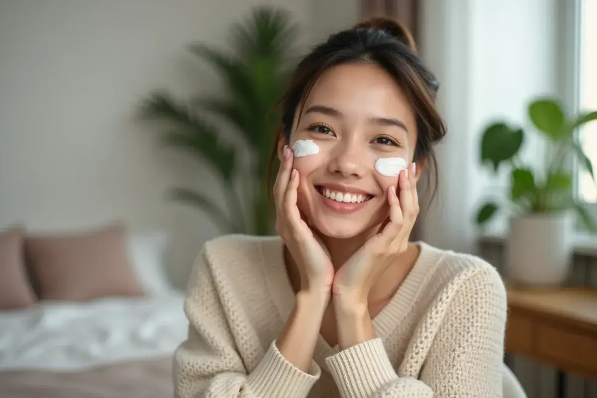 Une jeune femme souriante applique de la cr&egrave;me avant maquillage sur ses joues.