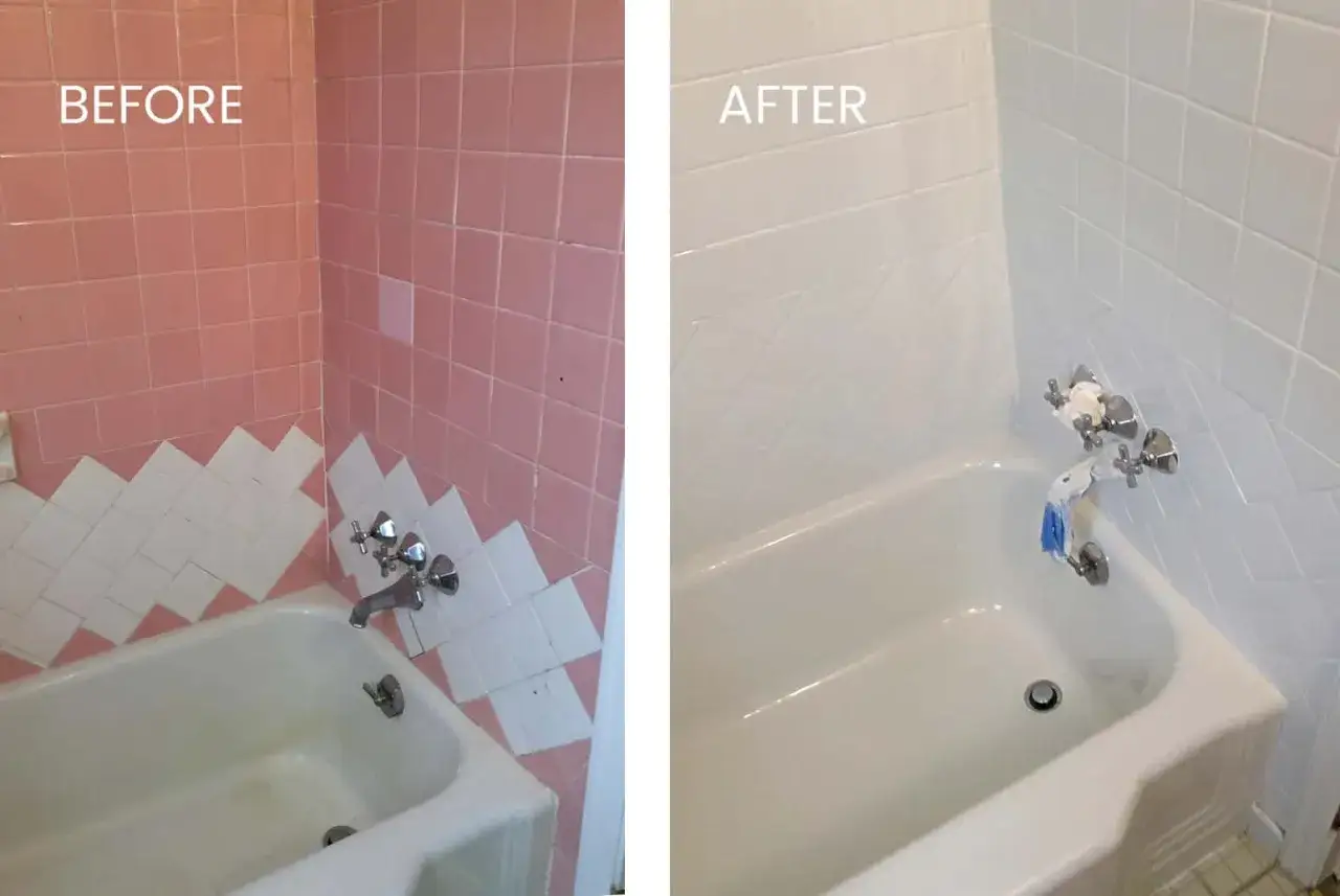 Before and after of a bathtub refinishing project. The pink tiles are replaced with clean white ones, giving the bathroom a fresh look.