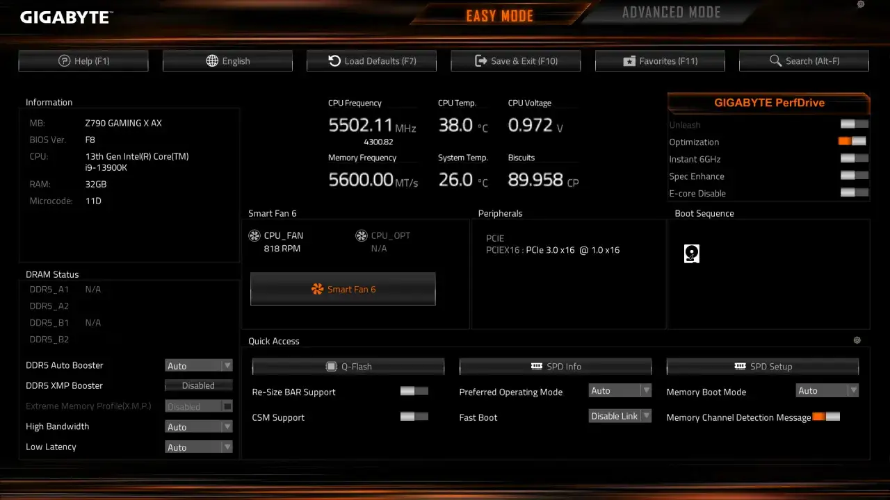 Ekran **Gigabyte BIOS** w trybie Easy Mode, pokazujący informacje o CPU, RAM, temperaturach i ustawieniach wentylatorów.