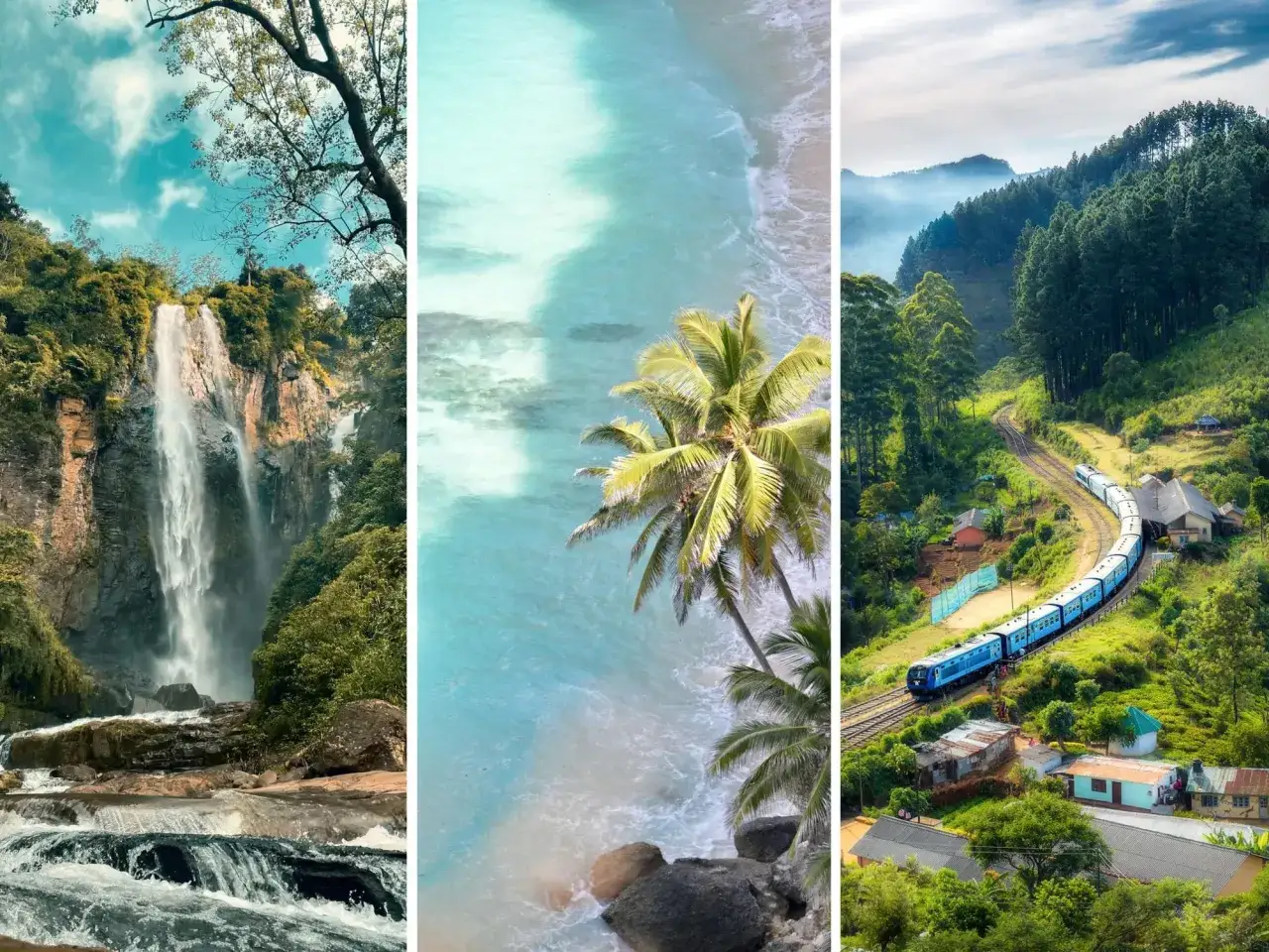 Sri Lanka Highlights: tosende Wasserfälle, tropische Strände mit Palmen und eine malerische Zugfahrt durch grüne Hügel.