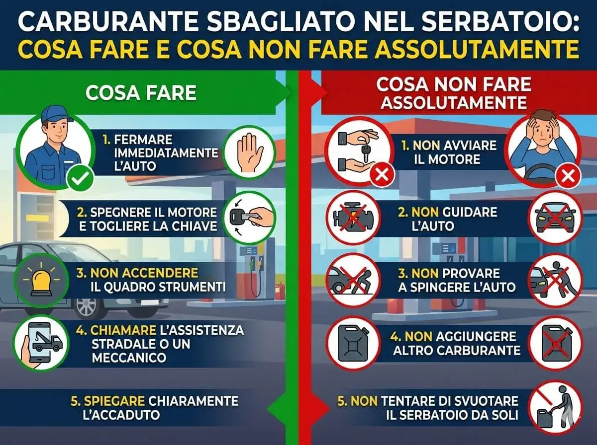 Benzina nel diesel: cosa fare e non fare. Fermare subito l'auto, non avviare il motore. Evitare di guidare o spingere. Chiamare assistenza.