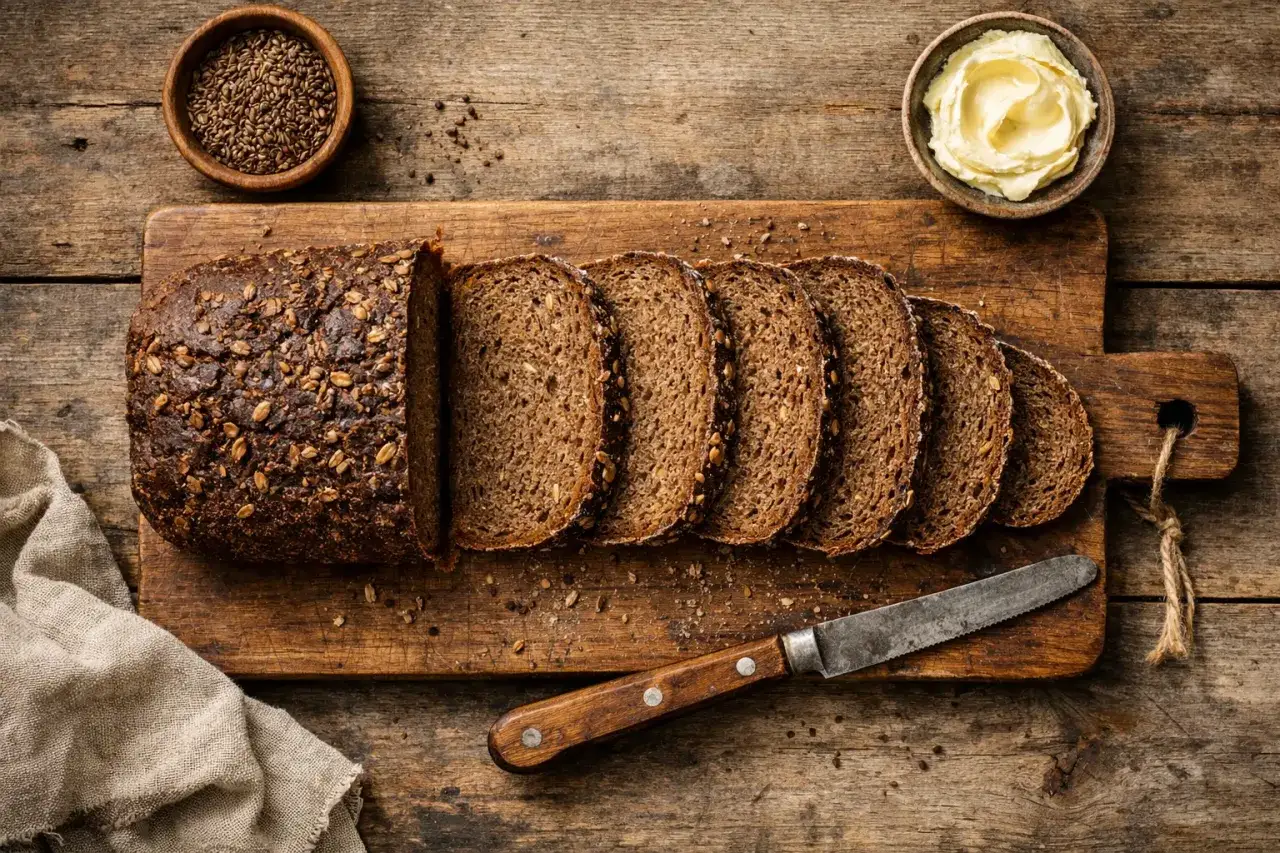 Tranches de pain de seigle aux graines sur une planche en bois, accompagnées de beurre et de graines. Le pain le moins sucré pour un petit-déjeuner sain.