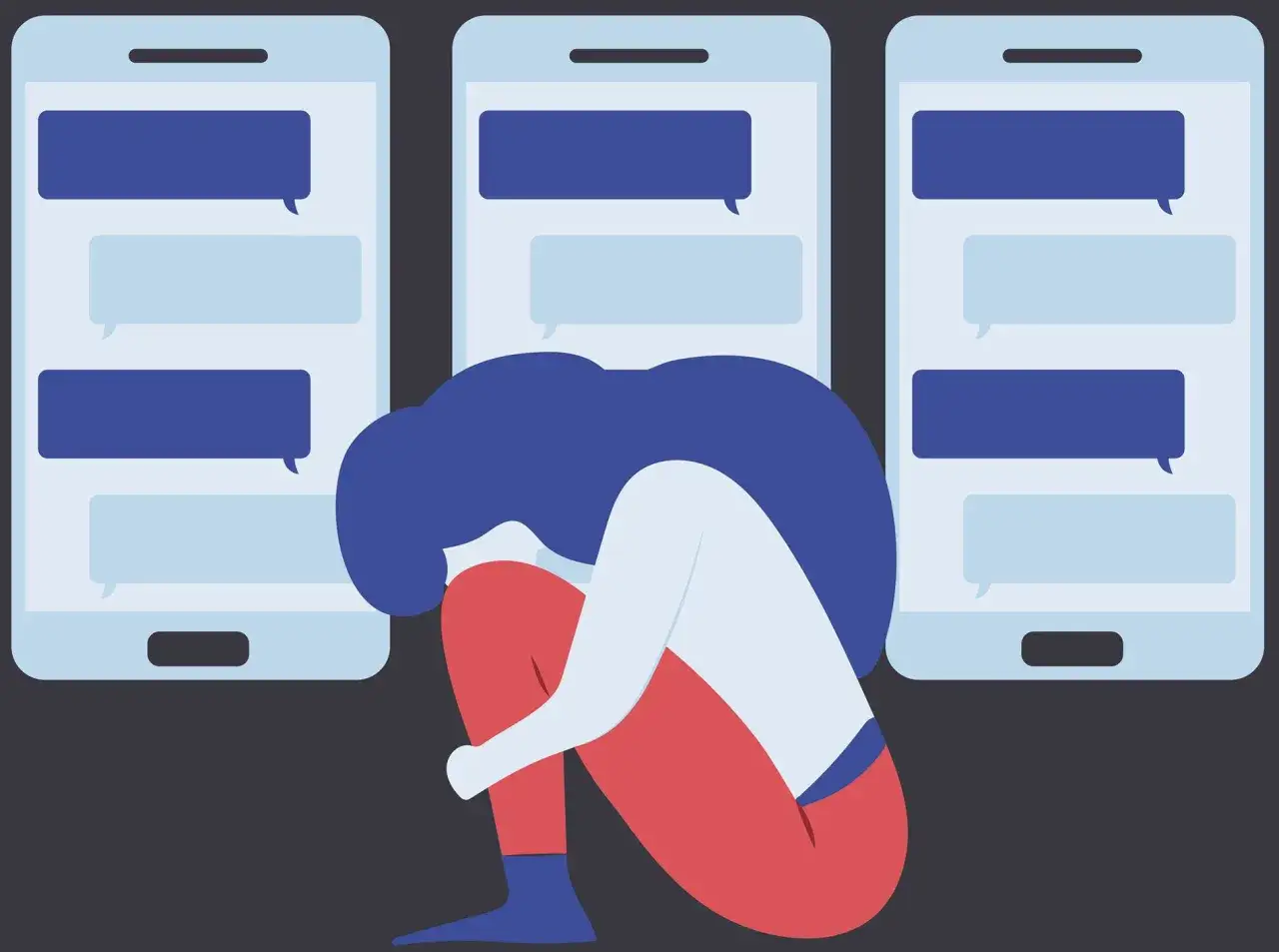 Una persona rannicchiata, sommersa da messaggi sui cellulari, simbolo del reato revenge porn e del suo impatto devastante.