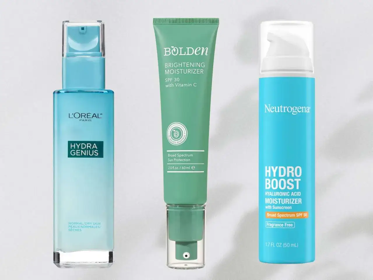 Trzy kosmetyki nawilżające: L'Oréal Hydra Genius, Bolden Brightening Moisturizer i Neutrogena Hydro Boost. Pomagają regulować produkcję sebum.