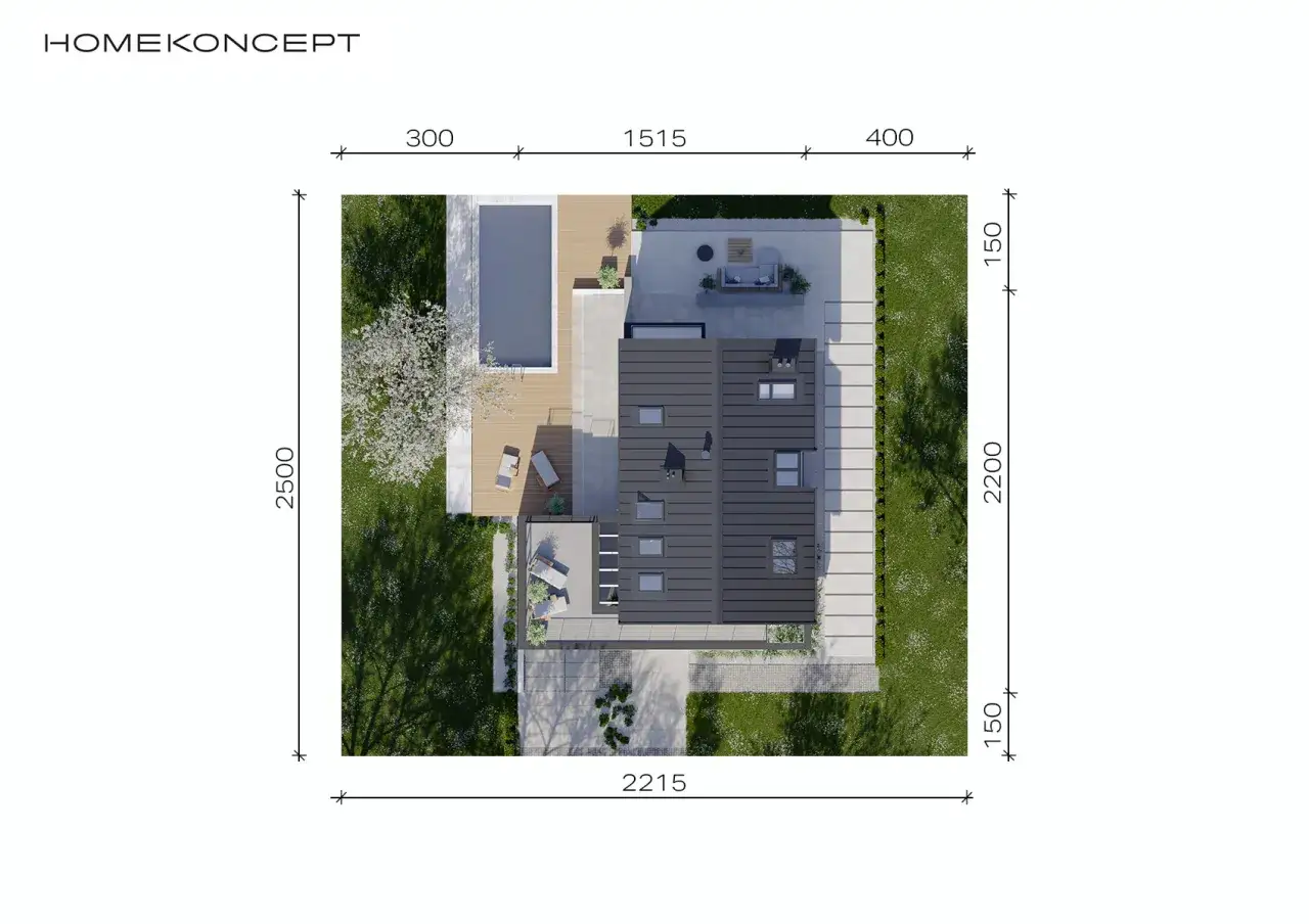 Projekt domu z basenem i tarasem. Wymiary wskazują na jego powierzchnię zabudowy.